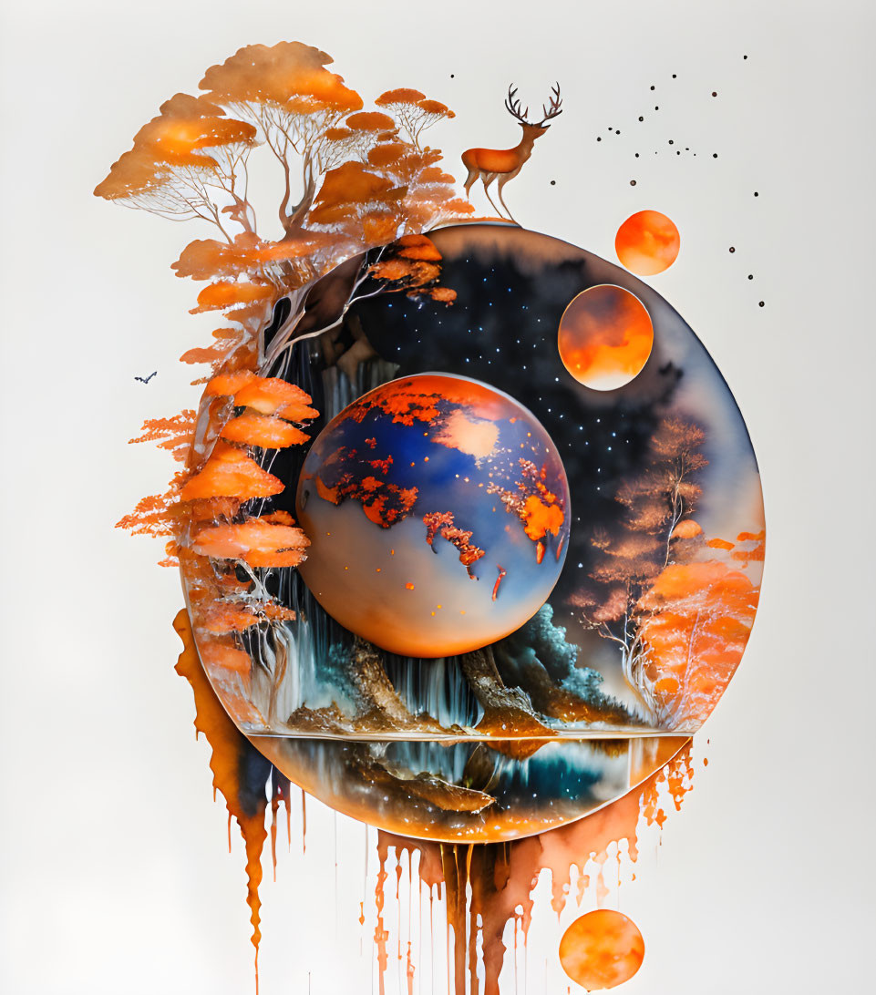 Surreal circular frame with autumn trees, deer, planets, stars, and cascading water in