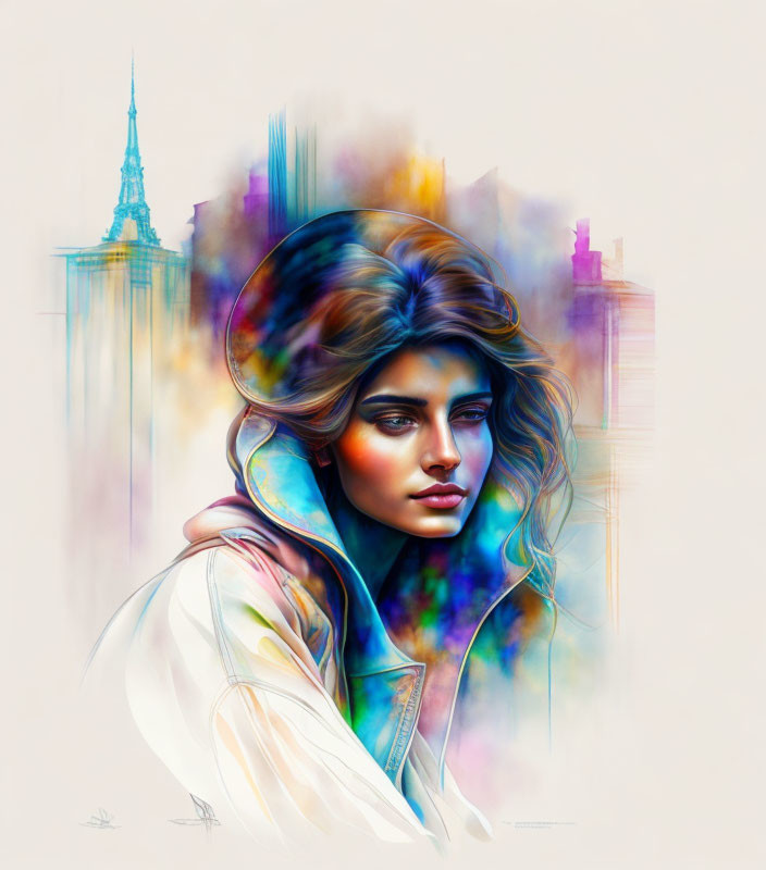 Vibrant portrait of stylized woman with flowing hair and vivid makeup against abstract urban backdrop.