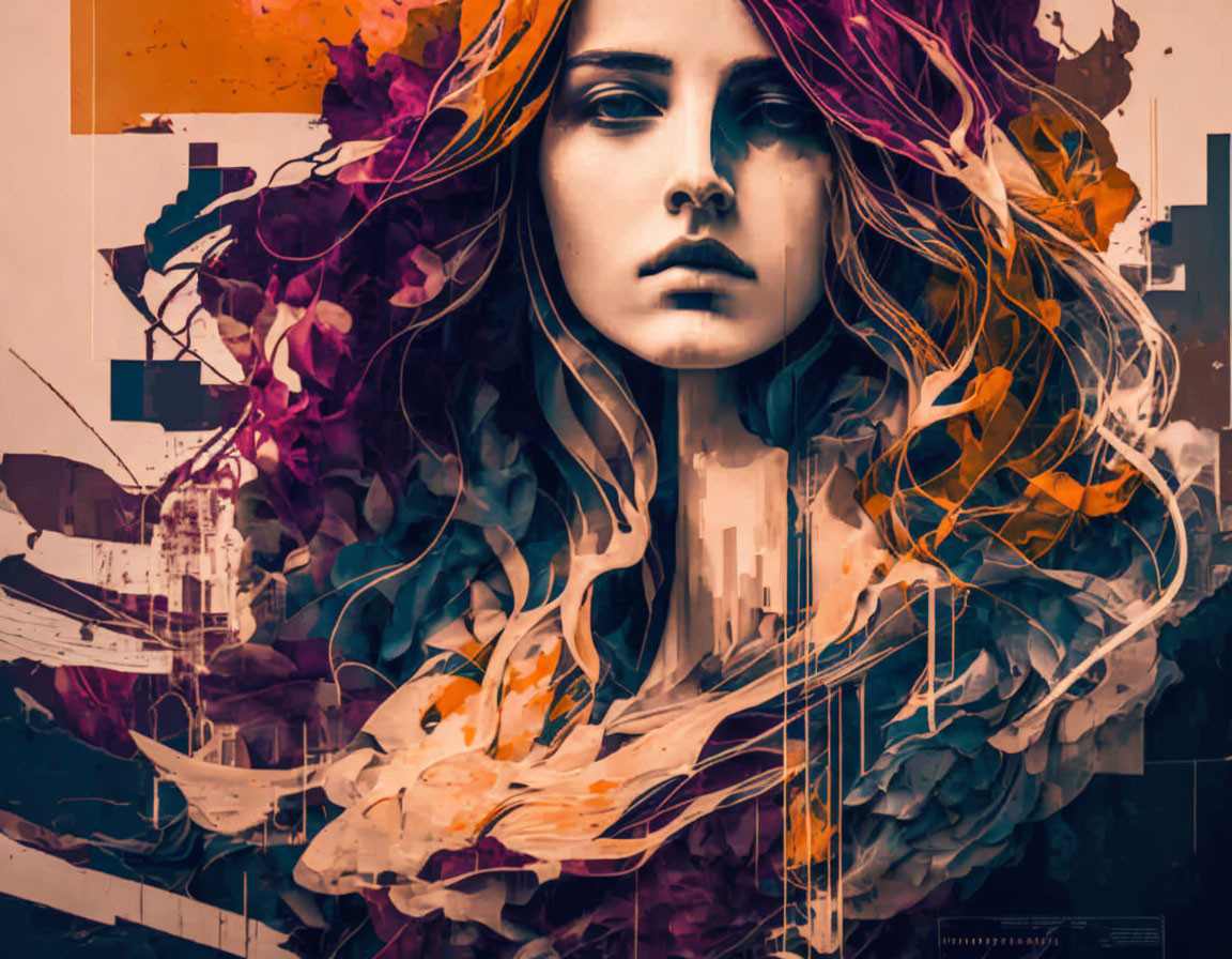 Colorful flowing hair merges with abstract shapes on dark background