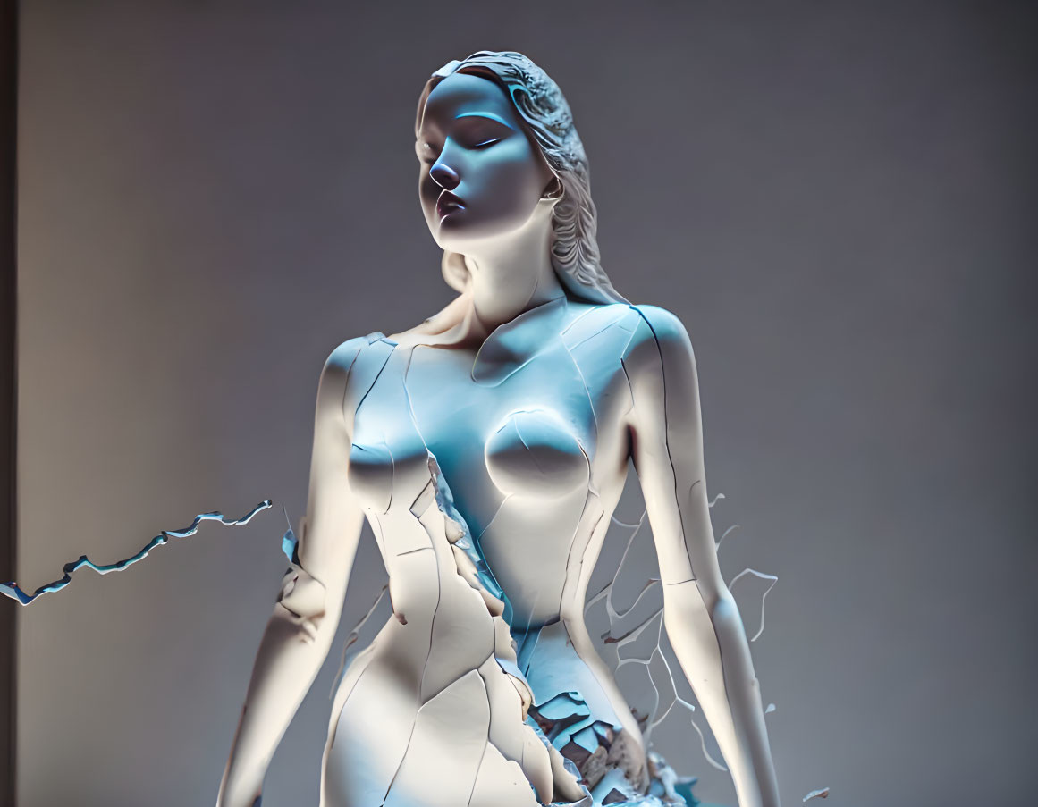 Digital art: Female figure with cracked surface symbolizing fragility & transformation.