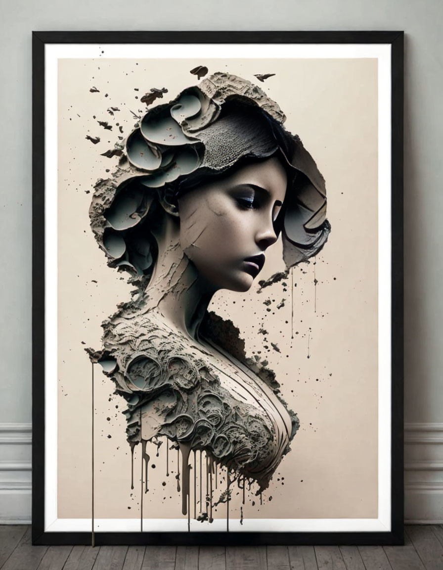 Framed portrait of woman with surreal sculpture and paint textures