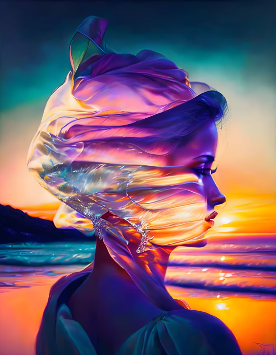 Colorful portrait of a woman with scarf at beach sunset