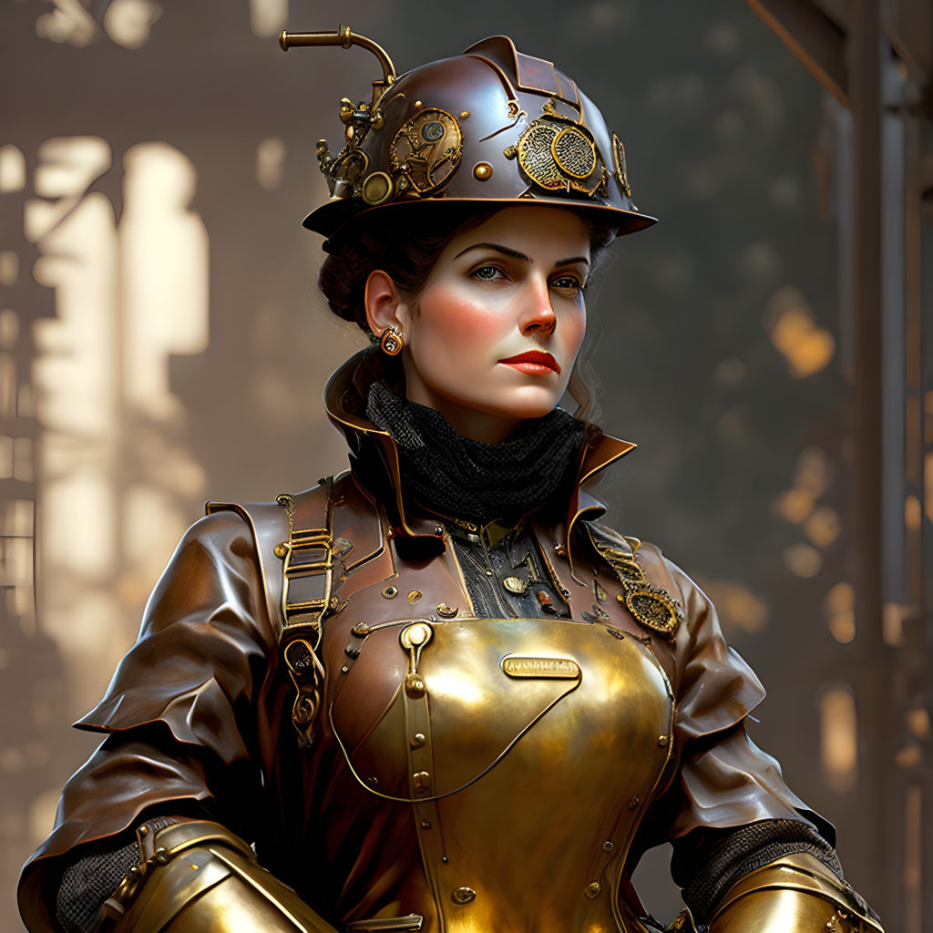 Steampunk-themed woman in leather outfit with brass goggles and gears