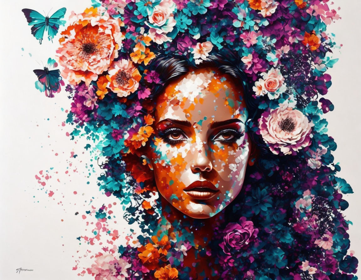 Colorful artwork featuring a woman's face with flowers and butterflies