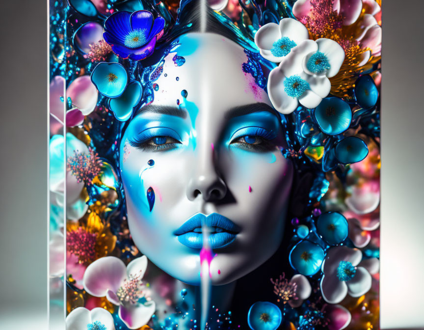 Vibrant surreal digital artwork: Woman's face with blue and white flowers