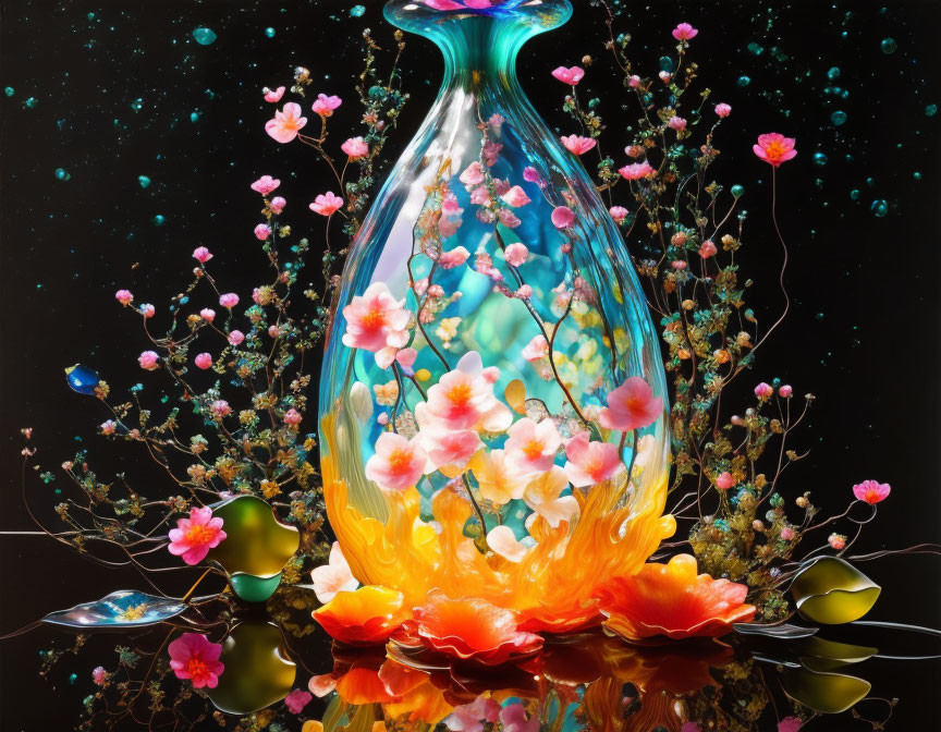 Colorful Vase with Turquoise and Blue Pattern Surrounded by Pink Blossoms and Orange Accents