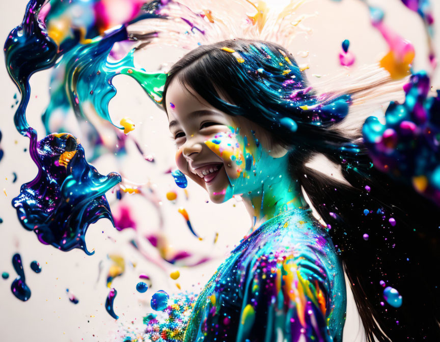 Colorful Paint Splashes Surrounding Smiling Woman