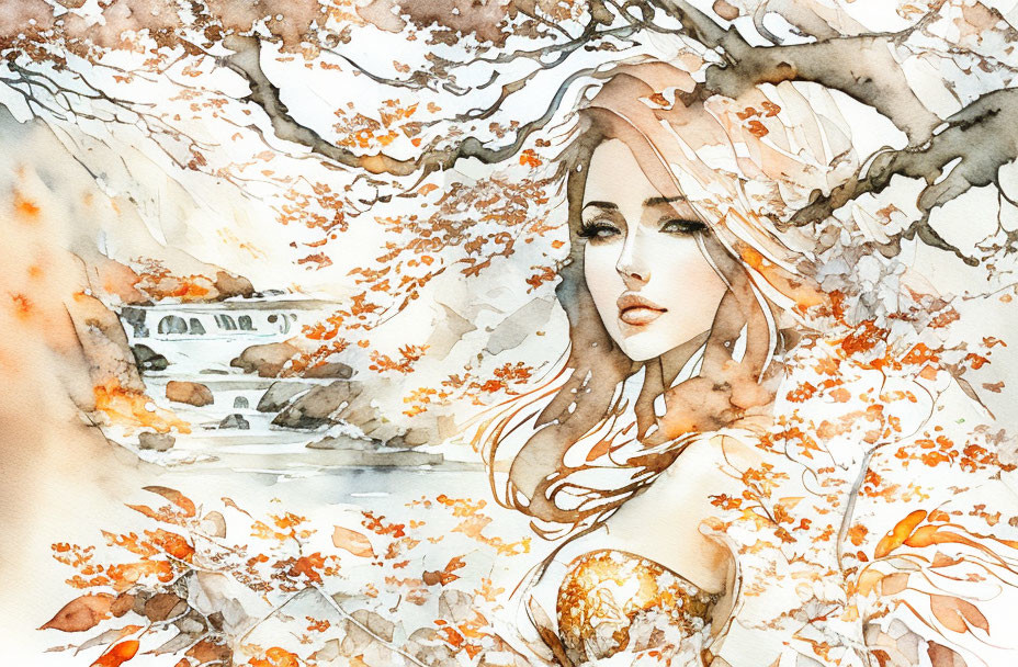 Woman blended with autumnal nature scenery in watercolor illustration