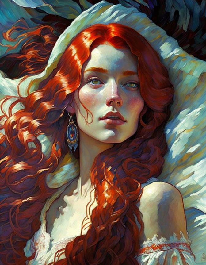 Detailed portrait of woman with voluminous red hair and white hood, showcasing rich colors and serene gaze