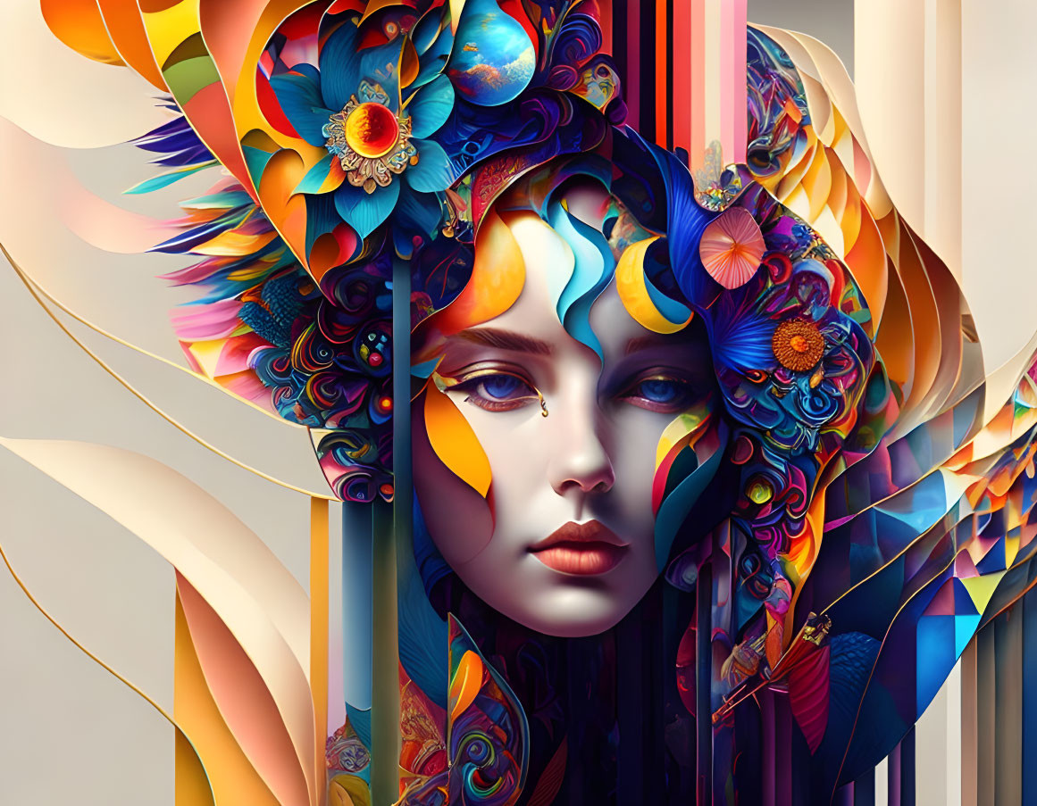 Colorful Floral Patterns Adorn Woman's Face in Digital Art