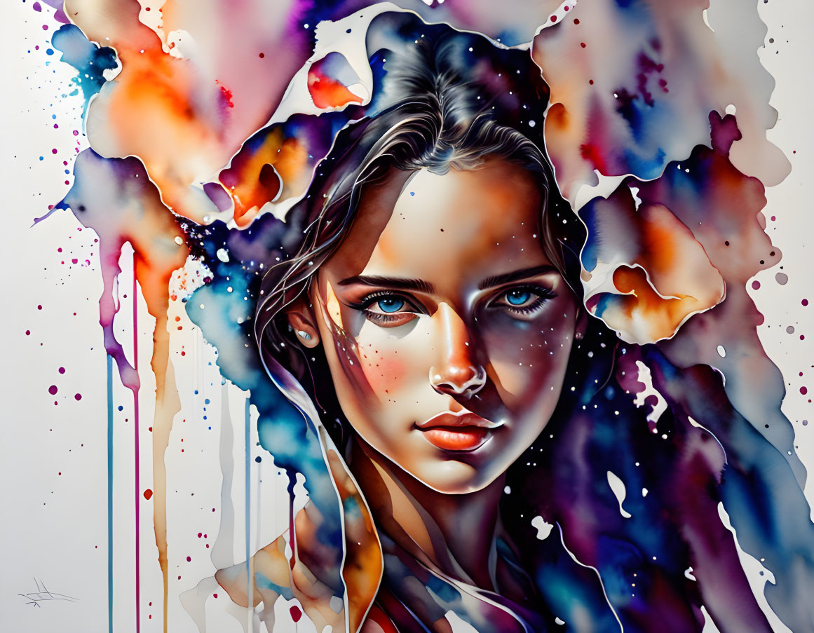 Vivid Watercolor Portrait of Woman with Colorful Splashes