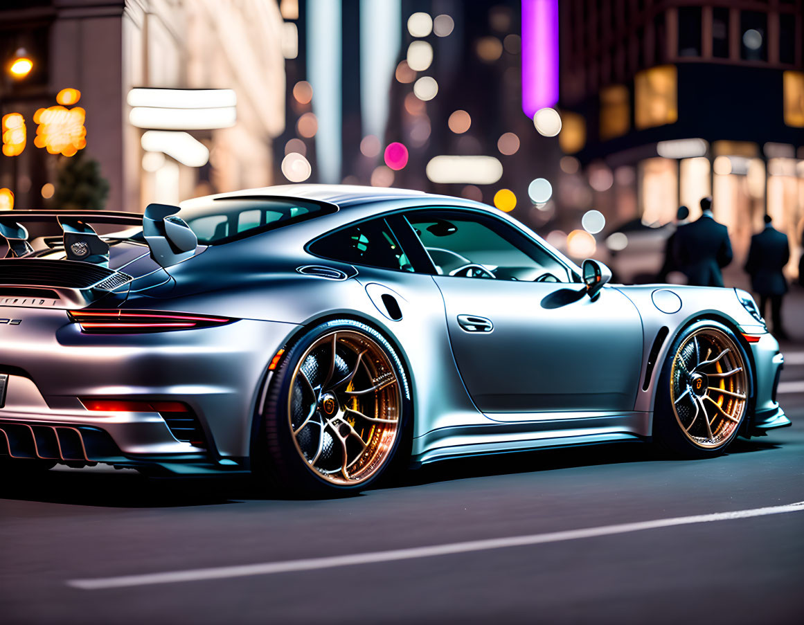 Silver sports car parked on city street at night with bright lights