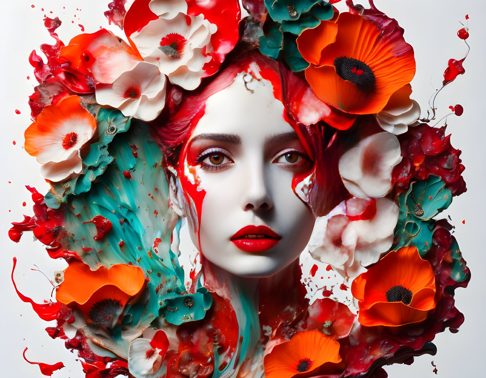 Woman adorned with vibrant red and white floral art and colorful paint splash