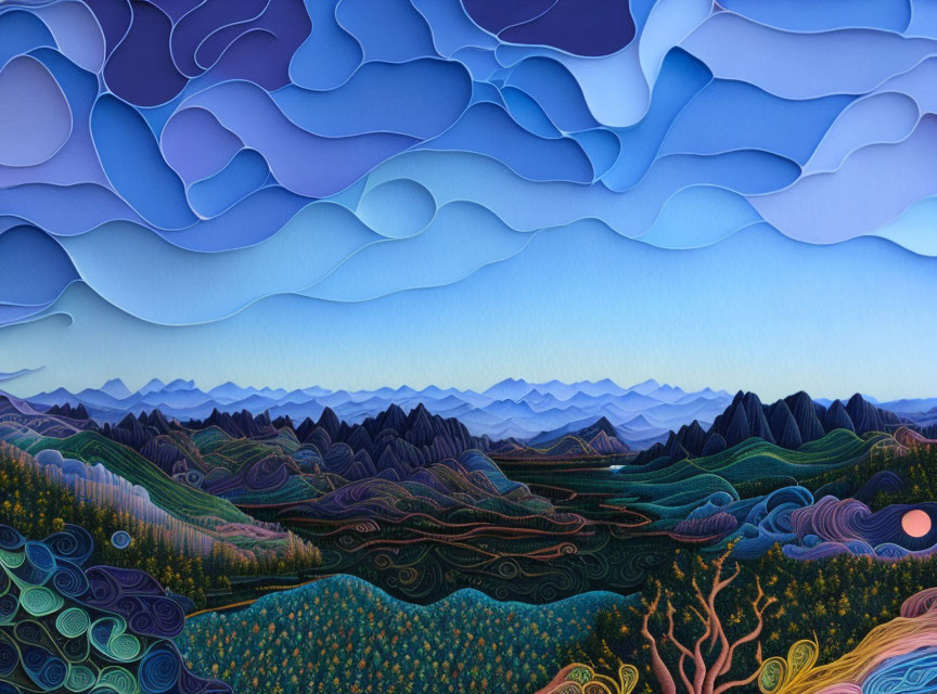 Colorful Paper Art: Rolling Hills, Mountains, Forest in Purple, Blue & Green Gradient