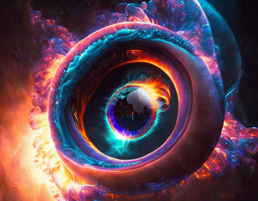 Colorful digital artwork of fiery and cosmic eye fusion