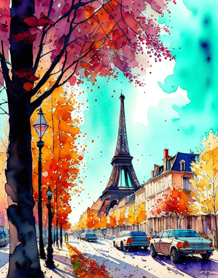 Paris Street Watercolor Painting: Autumn Scene with Eiffel Tower