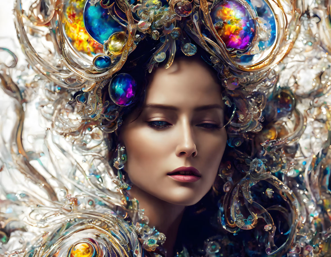 Intricate ornate headdress with iridescent bubbles