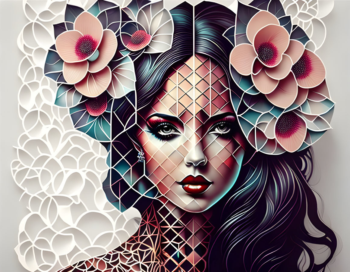 Stylized woman with geometric pattern and floral motifs in textured layers