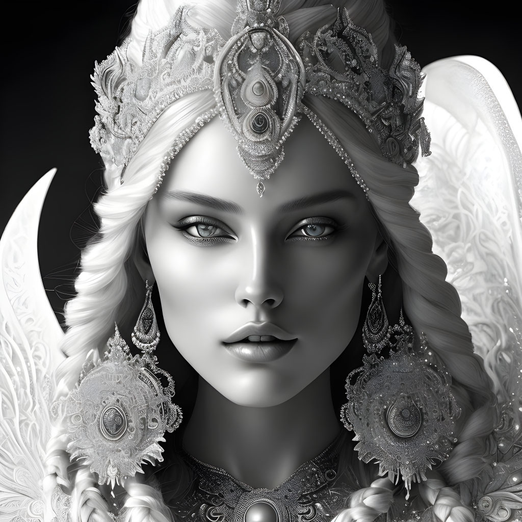 Ethereal grayscale portrait of a woman with ornate headgear and jewelry