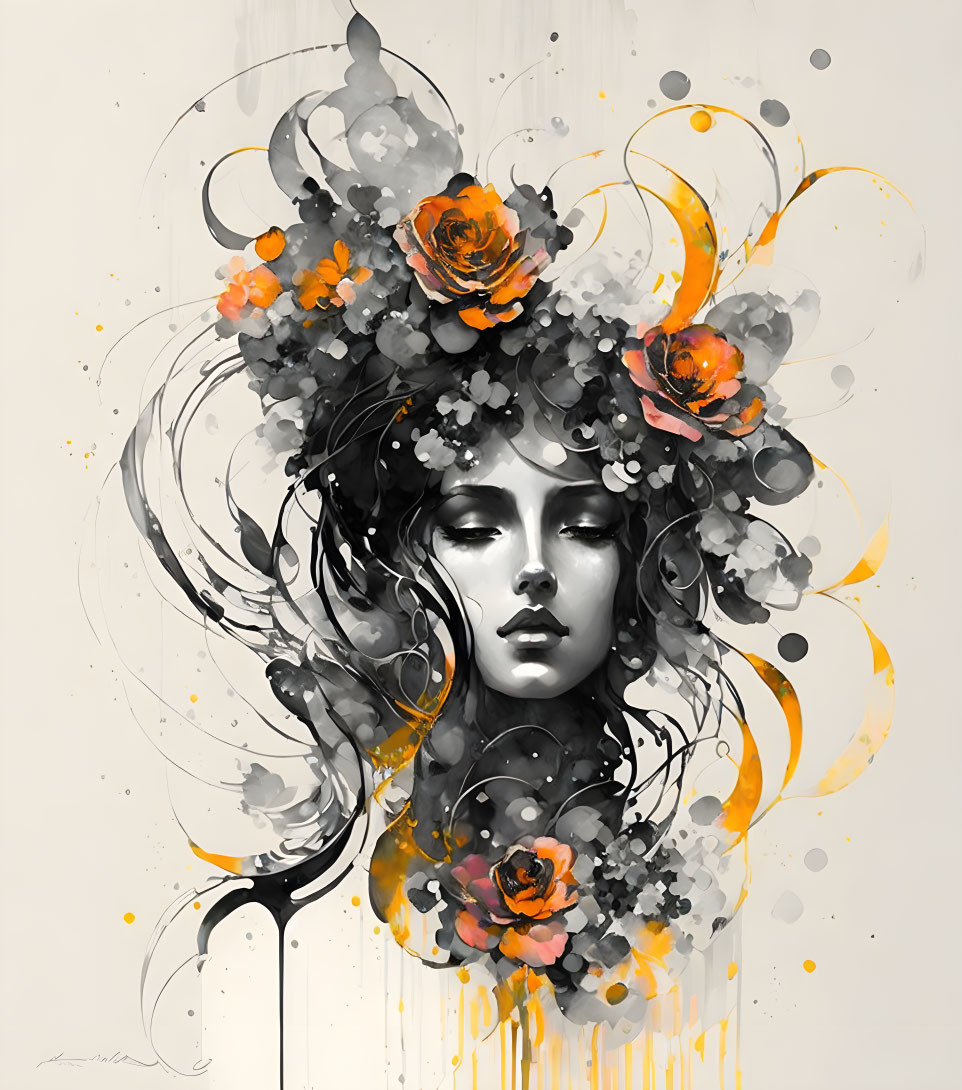 Detailed Artistic Illustration of Woman with Closed Eyes and Swirling Patterns