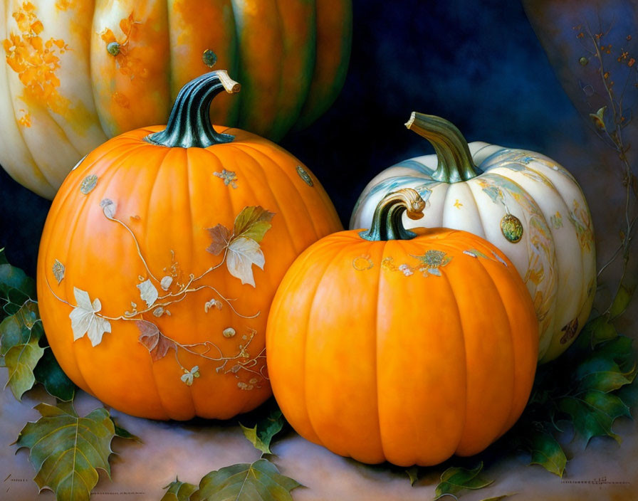 Realistic painting of three pumpkins with leaves and flowers on dark backdrop