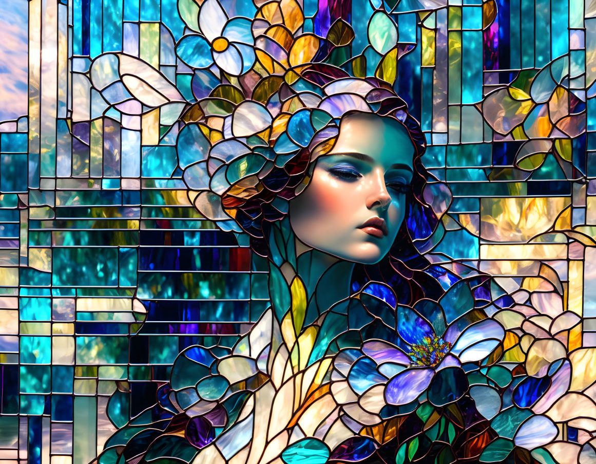 Colorful Stained Glass Portrait of Woman with Floral and Geometric Patterns