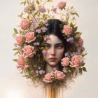 Surreal portrait of woman with peach and red rose floral crown