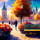 Colorful watercolor painting of a bustling city square with people, flowers, benches, and domed