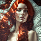 Detailed portrait of woman with voluminous red hair and white hood, showcasing rich colors and serene gaze