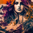 Colorful flowing hair merges with abstract shapes on dark background