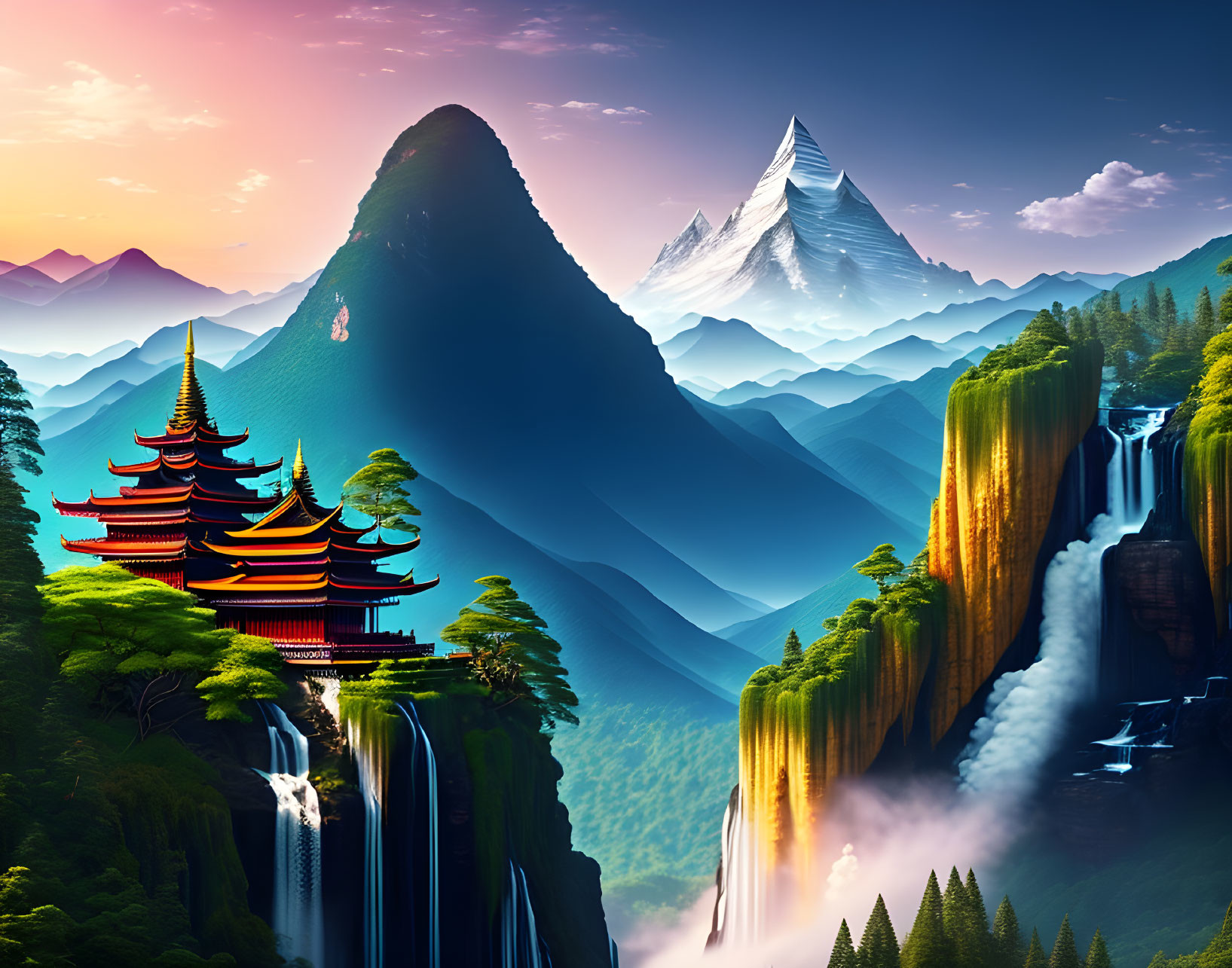 Digital artwork of Asian pagoda on cliff near waterfall, mountains, forest, blue sky