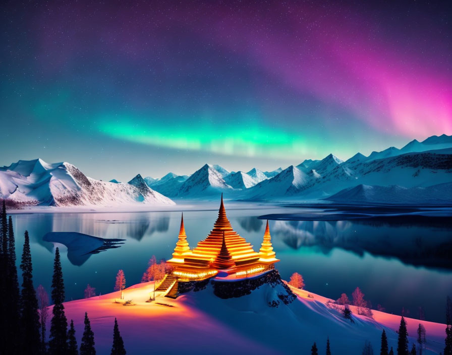 Northern Lights shine over snowy landscape with temple reflected in lake