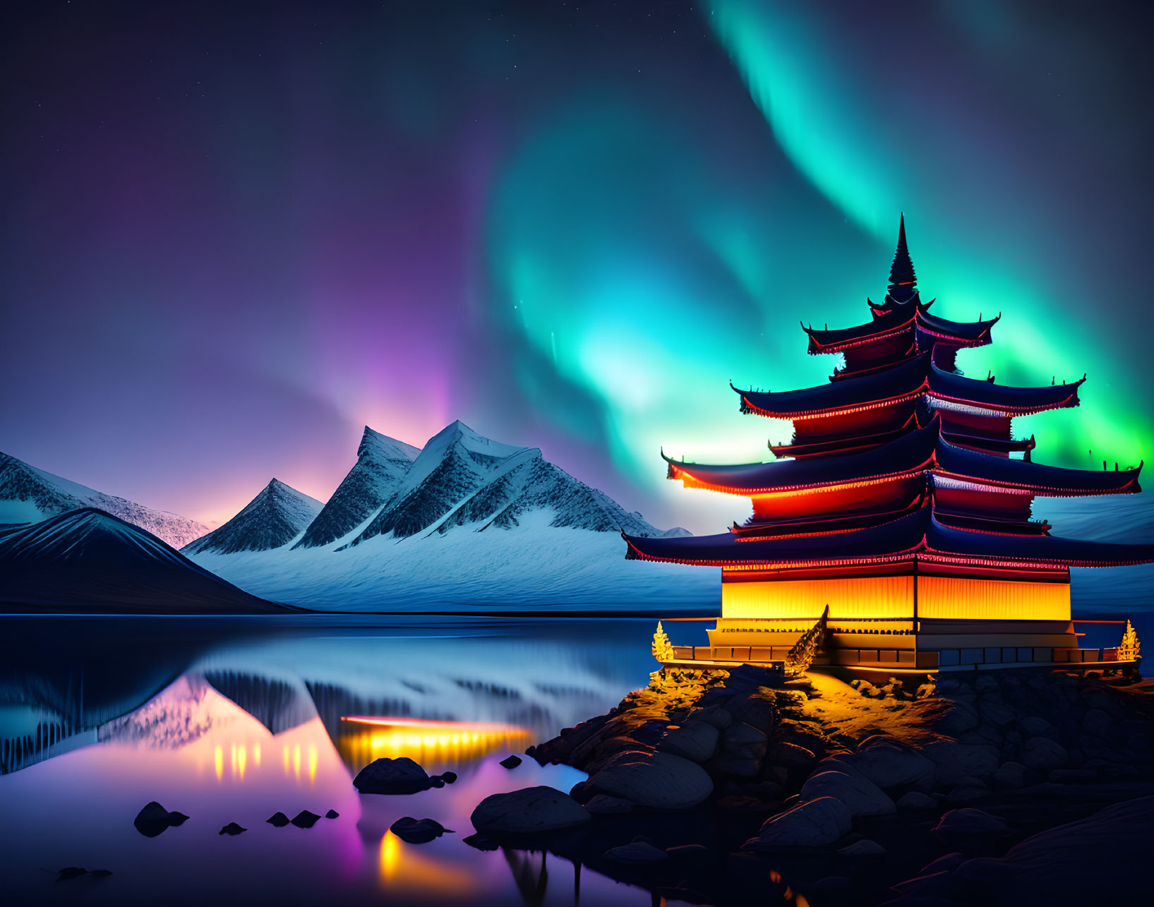 Traditional Pagoda with Red Walls under Aurora Borealis and Snowy Mountains