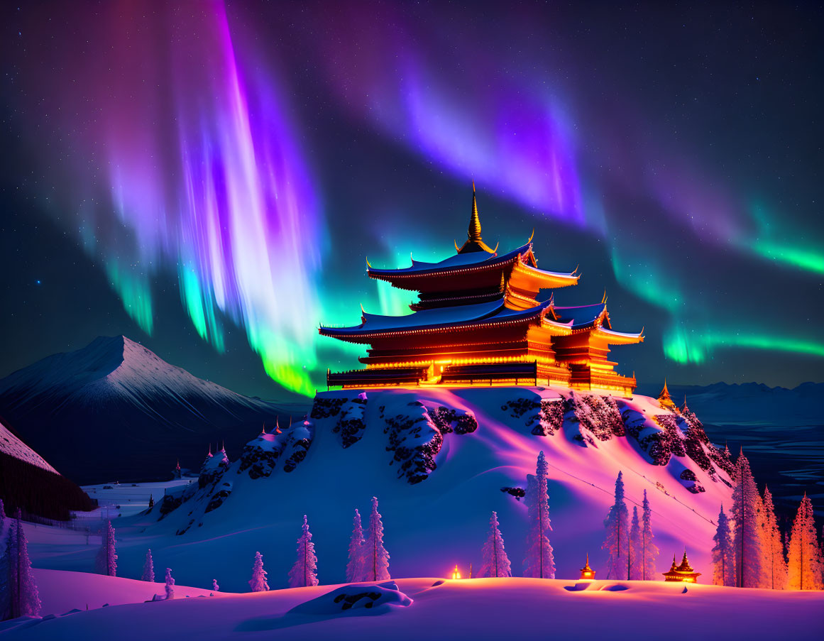 Majestic aurora borealis illuminates Asian pagoda in snowy landscape