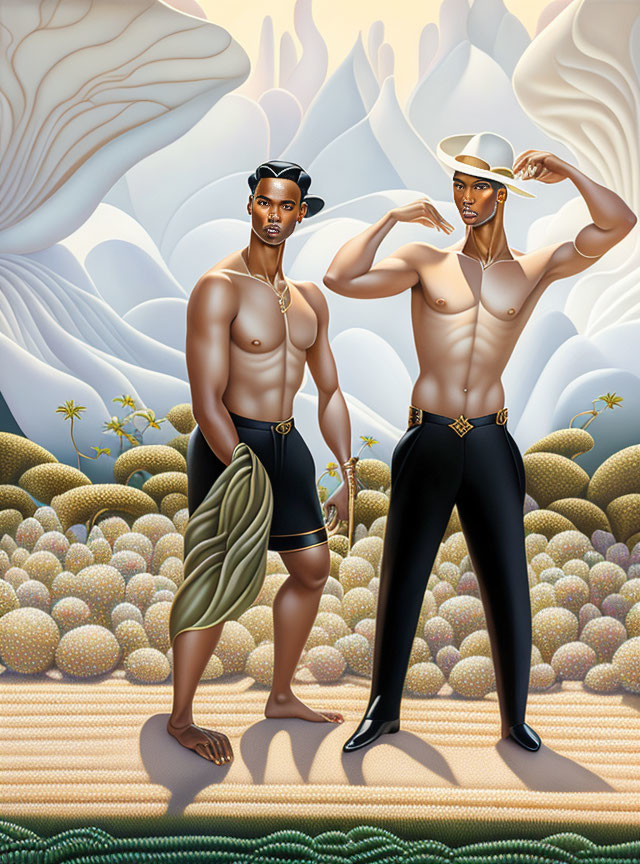 Muscular men in surreal landscape with cactus-like plants