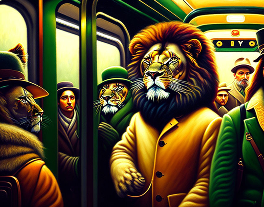 Anthropomorphic lions in suits on a classic subway with human passengers.