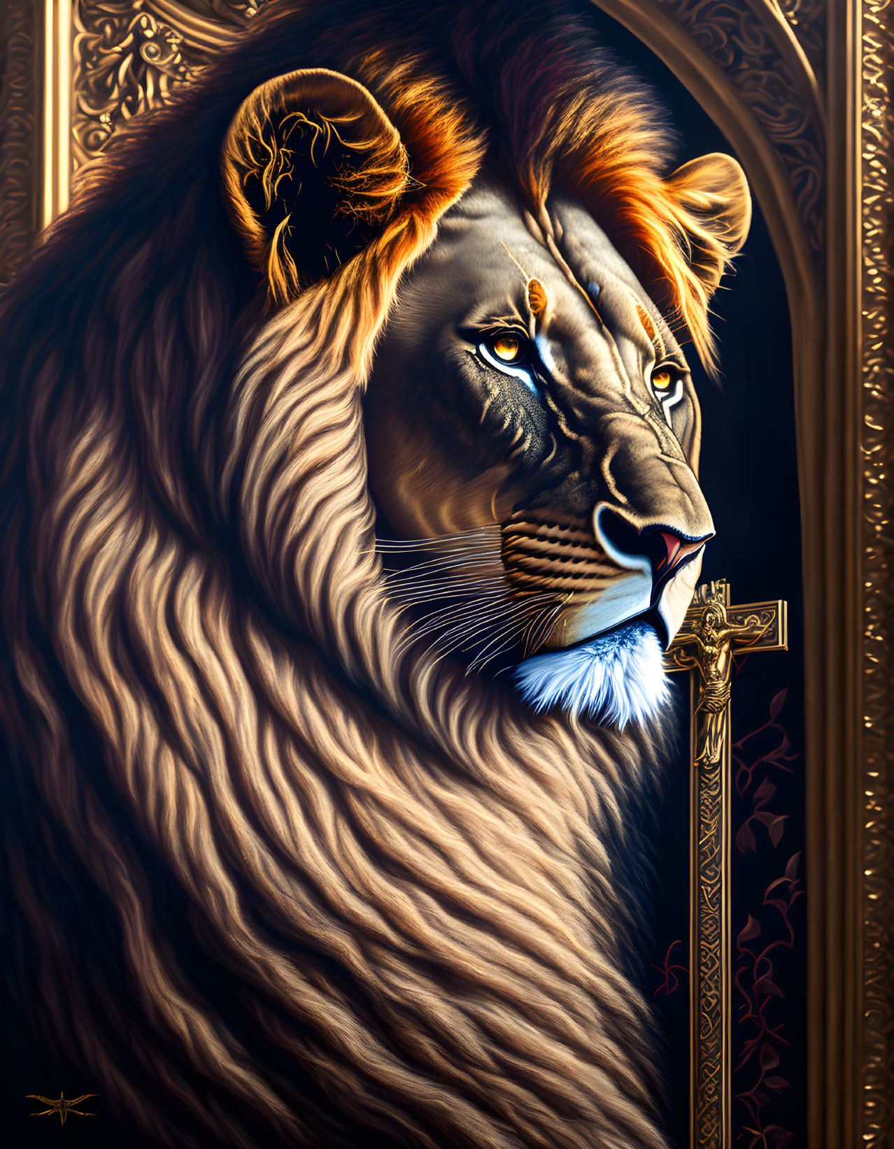 Majestic lion with flowing mane and human-like eyes on ornate background