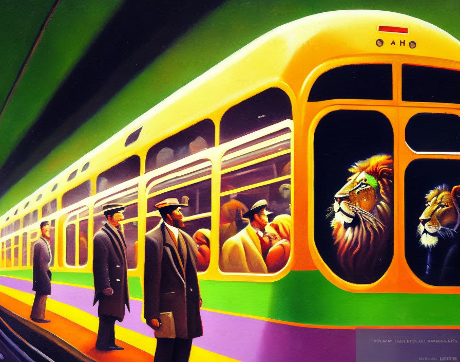 Vibrant vintage tram painting with lion passengers and men in suits