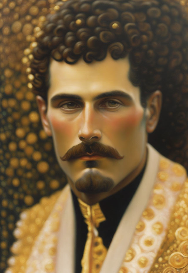 Regal man with curly hair and mustache in golden background