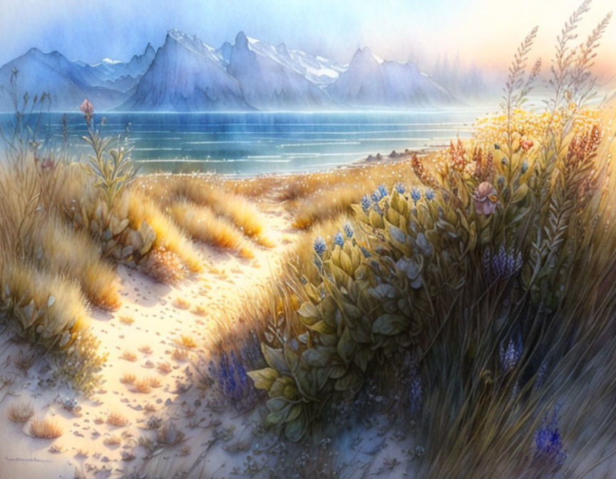 Tranquil beach scene with wildflowers, dunes, calm waters, distant mountains, and soft