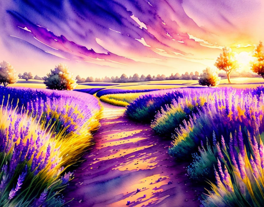 Colorful sunset painting with flowers, trees, and vibrant sky.