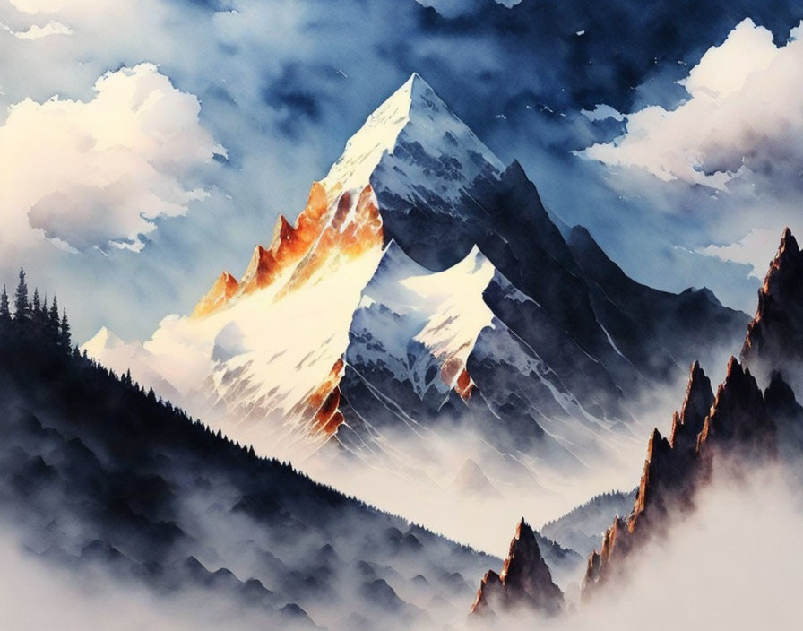 Mountain peak painting with golden light and snow among fluffy clouds