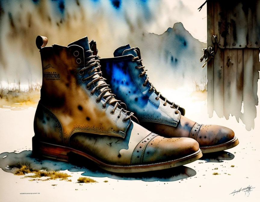 Stylish brown and blue leather boots watercolor illustration