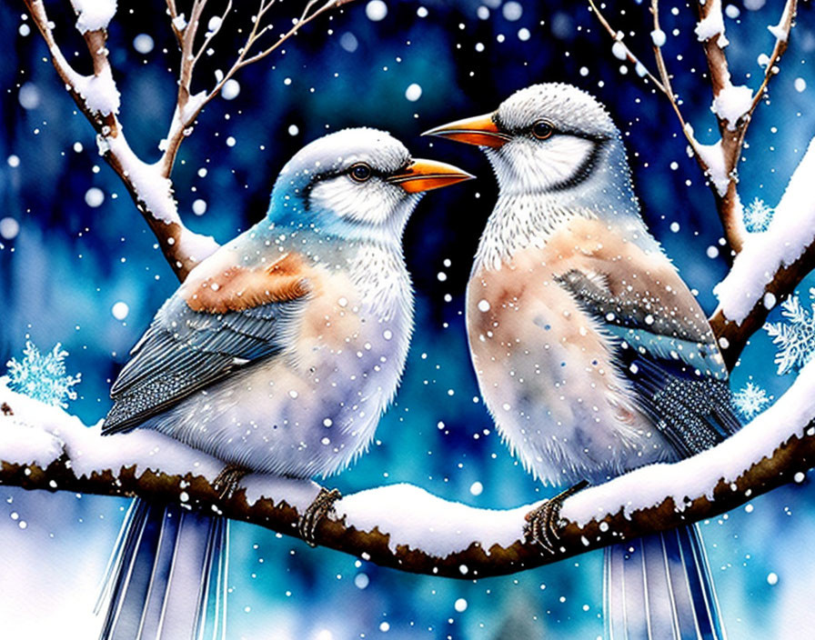 Illustrated birds on snow-covered branch in wintery scene