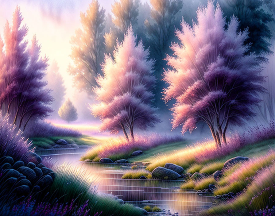 Tranquil riverside scene with vibrant purple and pink hues at dawn or dusk