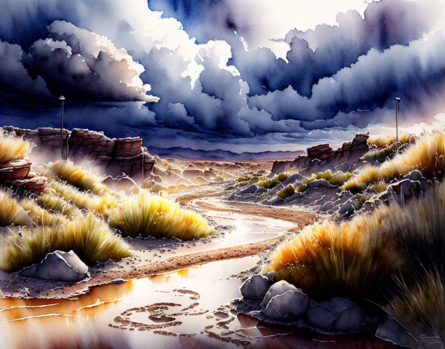 Colorful Watercolor Painting of Winding Path in Rugged Landscape