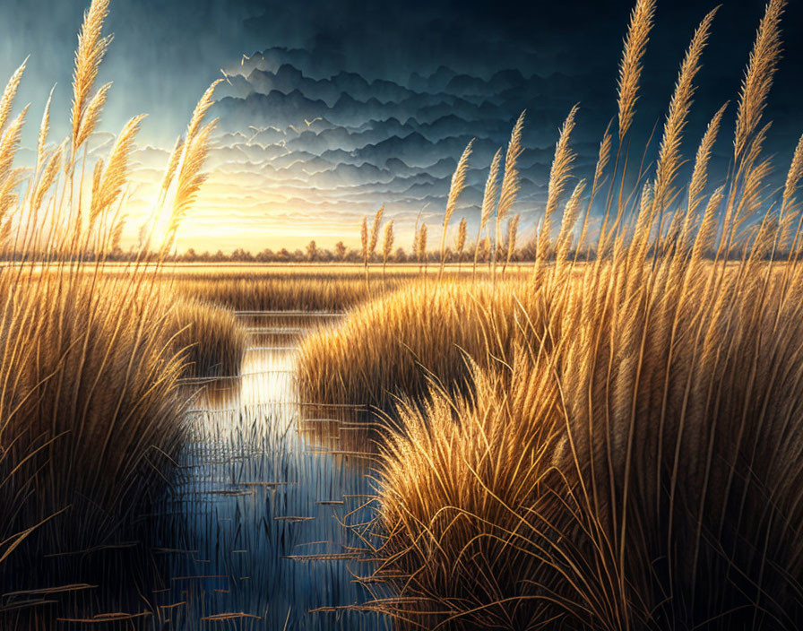 Tranquil landscape with golden reeds, calm water, and dramatic sunset sky