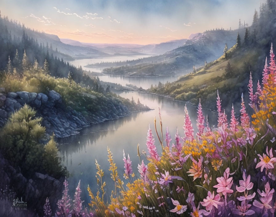 Tranquil landscape painting of river, hills, flowers, and dawn sky