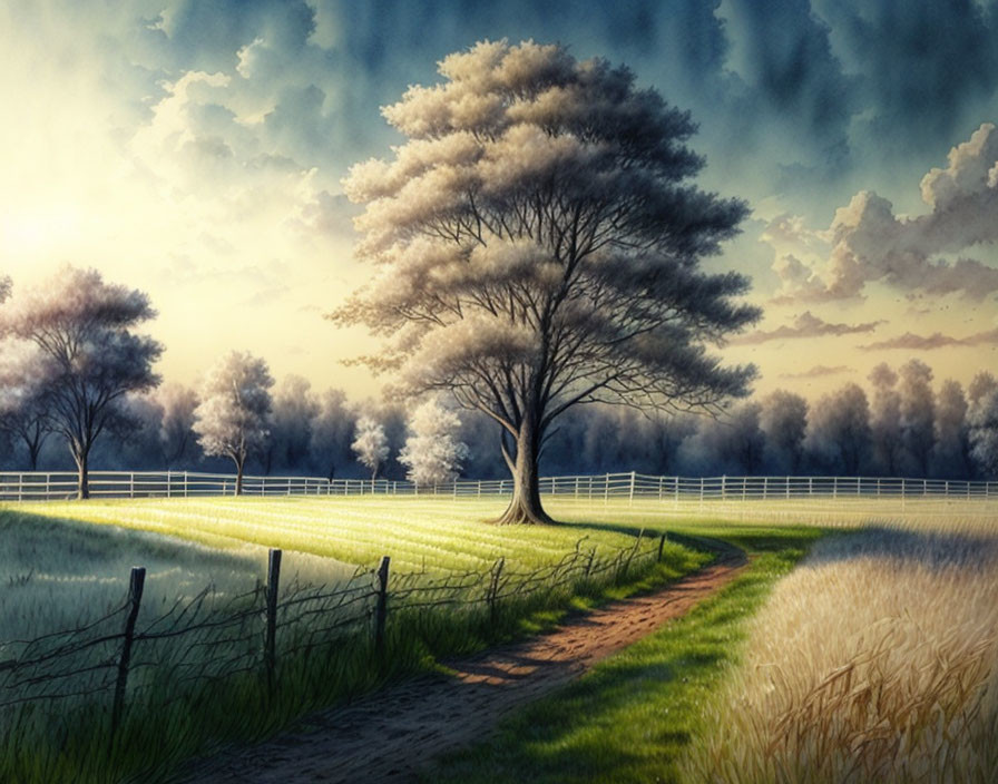 Tranquil countryside landscape with tree, path, fence, and twilight glow