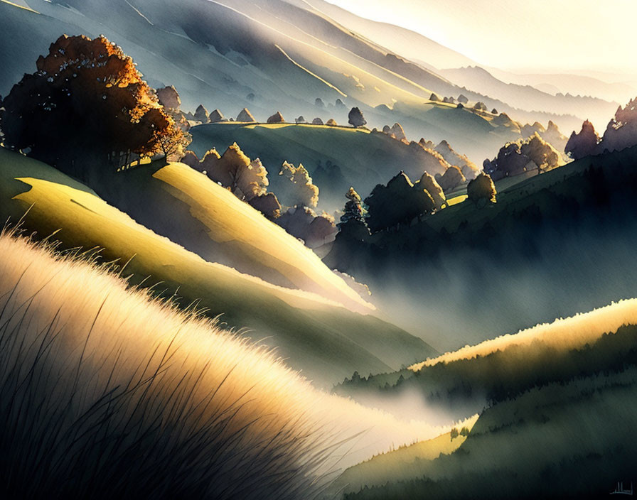 Golden-lit rolling hills and misty valleys in tranquil landscape